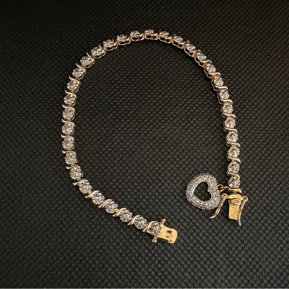 Vintage 18k over Sterling Silver Tennis Bracelet with Heart Diamond Accent 7.5”